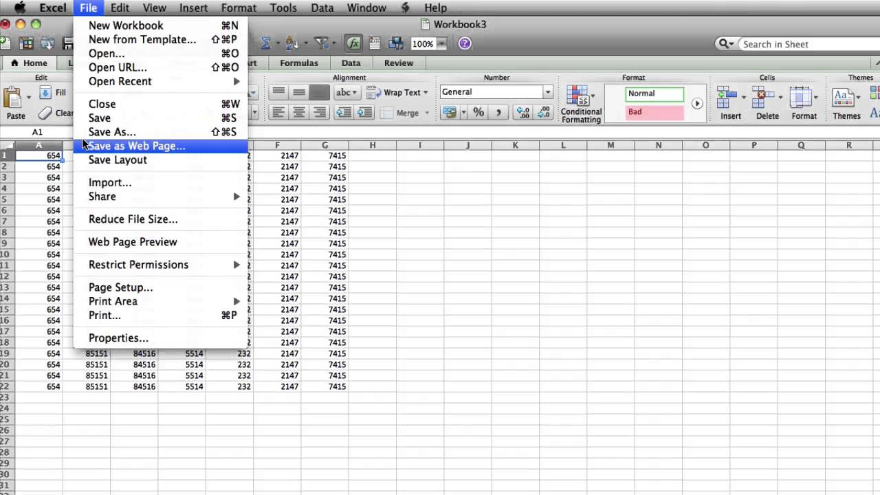Export excel to numbers